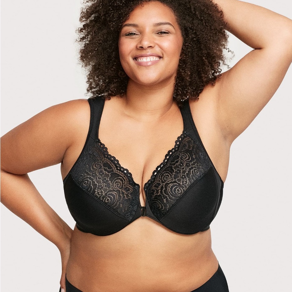 Glamorise Black Lace Front-Closure WonderWire Bra minimizer